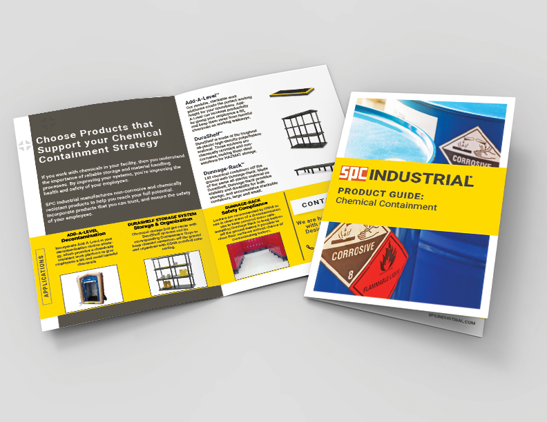 Printed version of the Chemical Containment Product Guide on a gray surface showing the cover and inside spread.